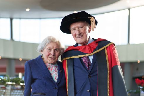 HONORARY DOCTORATE: Seán de Fréine (94) and his wife, Josephine, after Mr de Fréine was awarded an honorary doctorate of philosophy at Dublin City University. A scholar and a public servant, he has been a foundational influence on the sociolinguistics of Irish society and on questions of language policy. Photograph: Fran Veale/Julien Behal Photography 

