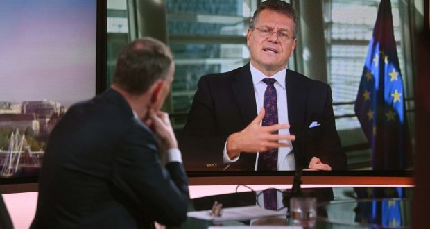 European Commission Vice President Maros Sefcovic  appeared virtually before a Stormont committee on Wednesday. Photograph: Jeff Overs/BBC/PA Wire
