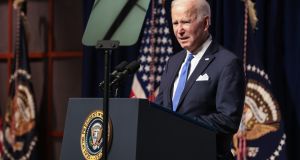 US Joe Biden speaks while visiting the National Institutes of Health (NIH) in Bethesda, Maryland,  on Thursday. Photograph: Oliver Contreras/Sipa/Bloomberg