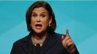 Sinn Féin leader Mary Lou McDonald speaking in Washington DC  said the protocol was ‘necessary, operable and going nowhere, despite what Boris Johnson might wish to believe’. Photograph: Alan Betson