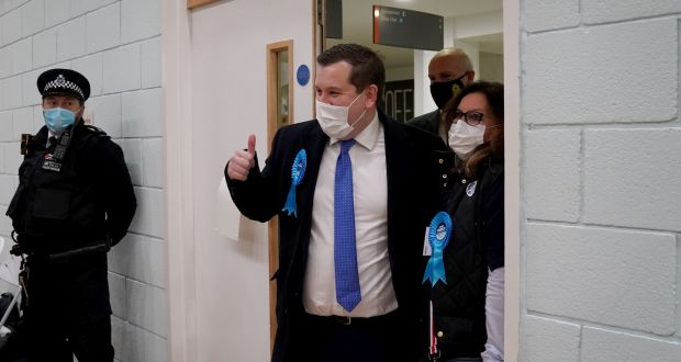Conservative candidate Louie French greets supporters as he arrives for the Old Bexley and Sidcup byelection result. Photograph: Gareth Fuller/PA Wire