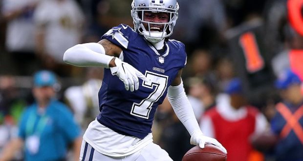 Trevon Diggs celebrates one of Dallas’ four interceptions. Photograph:  Jonathan Bachman/Getty Images
