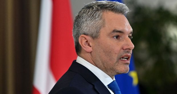 Austria’s interior minister and OeVP General-Secretary Karl Nehammer addresses a press conference to anounce that he has been named as Austria’s new chancellor  in Vienna on Friday. Photograph: AFP via Getty Images