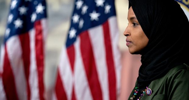 Ilhan Omar during a press conference addressing anti-Muslim comments made by Lauren Boebert. Photograph: Stefani Reynolds/The New York Times