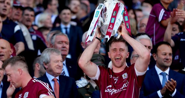 Aidan Harte lifts the Liam MacCarthy Cup after Galway’s win over Waterford at Croke park in September 2017. Photograph: James Crombie/Inpho
