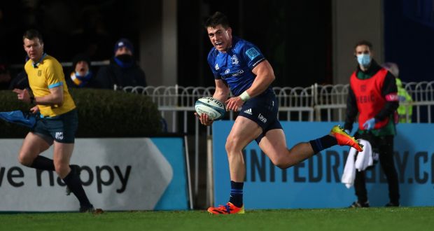 Dan Sheehan on his way to scoring Leinster’s third try during the United Rugby Championship match at the  RDS. Photograph: James Crombie/Inpho