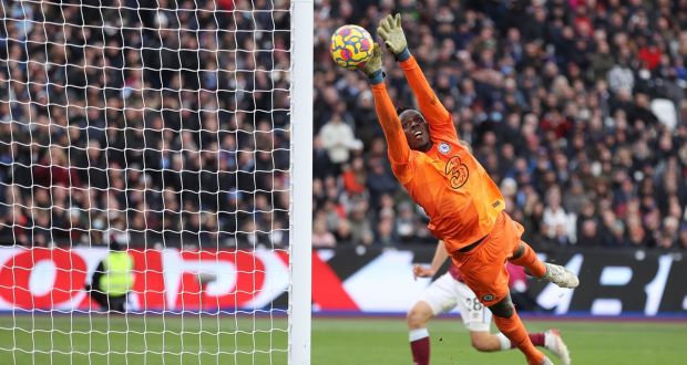 Chelsea goalkeeper Edouard Mendy  fails to save a shot from Arthur Masuaku of West Ham United during the Premier League game at the London Stadium. Photograph: Alex Pantling/Getty Images