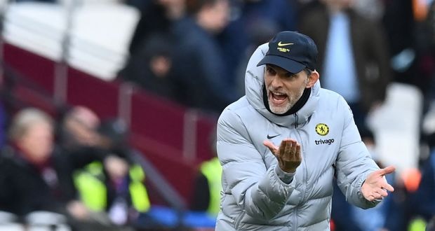Chelsea manager Thomas Tuchel gestures from the sideline during the  Premier League  match  against  West Ham at the London Stadium. Photograph:  Glyn Kirk/AFP via Getty Images