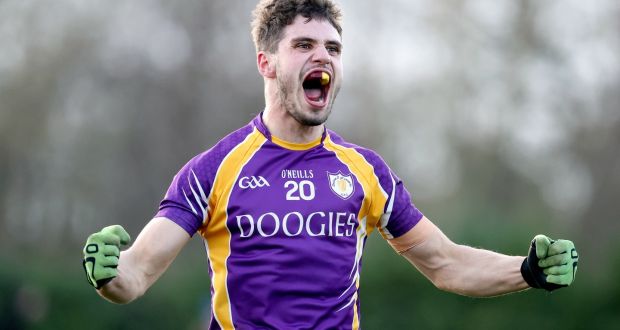 Derrygonnelly’s Lee Jones celebrates at the final whistle of the AIB Ulster Club Senior Football Championship quarter-final against Dromore at  Páirc Colmcille, Carrickmore. Photograph: Bryan Keane/Inpho