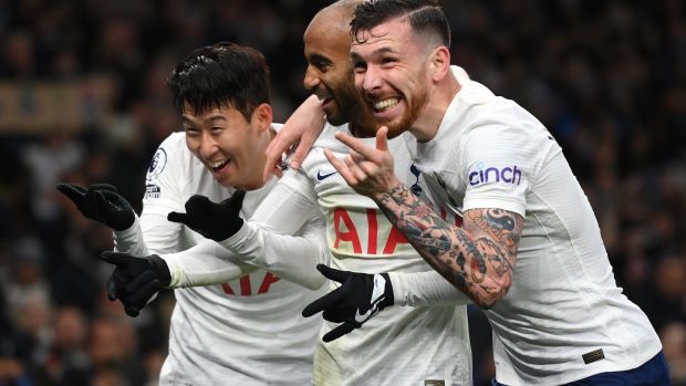 Heung-Min Son celebrates after scoring their side’s third goal with team mates Lucas Moura and Pierre-Emile Hojbjerg Photograph: Mike Hewitt/Getty Images