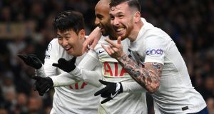  Heung-Min Son  celebrates after scoring their side’s third goal with team mates Lucas Moura and Pierre-Emile Hojbjerg Photograph:  Mike Hewitt/Getty Images