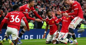 Fred celebrates with Manchester United team-mates after scoring a goal during the Premier League match against Crystal Palace at Old Trafford. Photograph: Alex Livesey/Getty Images