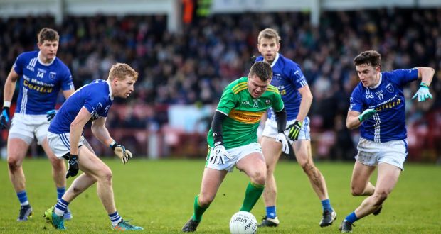 Glen’s Paul Gunning with Kieran Hughes, Darren Hughes, Donal Morgan and Jack McDevitt of Scotstown during the Ulster club SFC clash at Celtic Park, Derry. Photograph: Lorcan Doherty/Inpho 