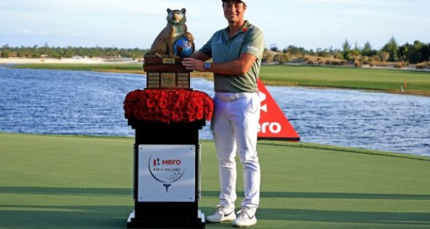 Viktor Hovland celebrates his win in the Bahamas. Photograph:  Mike Ehrmann/Getty Images