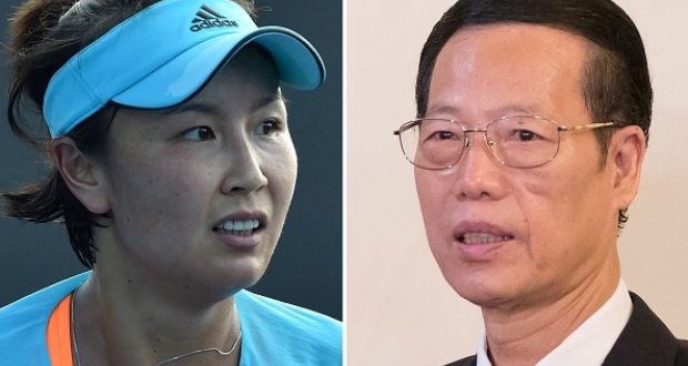 Tennis player Peng Shuai of China (L) during her women’s singles first round match at the Australian Open tennis tournament in Melbourne on January 16, 2017; and Chinese Vice Premier Zhang Gaoli (R) during a visit to Russia at the Saint Petersburg International Investment Forum in Saint Petersburg on June 18, 2015.  Photograph:  Paul Crock & Alexander Zemlianichenko/AFP/Getty Images 