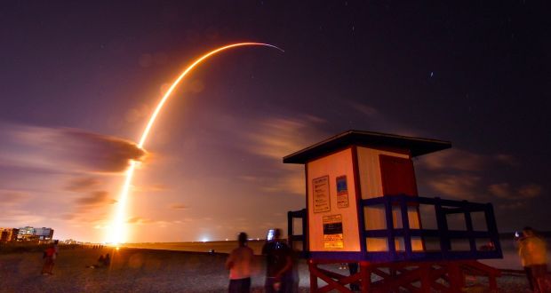 One of Elon Musk’s  SpaceX rockets, with a payload of 60 satellites for the Starlink broadband network, lifts off from Florida’s Cape Canaveral Air Force Station. Photograph: Malcolm Denemark/Florida Today via AP