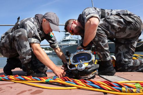 Members of the Naval Service Diving Section using Surface Supplied Diving Equipment at the Naval Base in Haulbowline in Cork. The Annual Naval Diving course is one of the toughest in the Defence Force with an average 75% failure rate. Photograph: Alan Betson / The Irish Times


