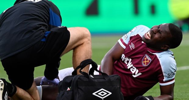 Kurt Zouma of West Ham after suffering a serious injury against Chelsea last weekend. File photograph: EPA