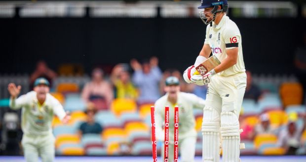 England’s Rory Burns is bowled out by Australia’s Mitchell Starc with the first ball of the first Ashes Test at the Gabba. Photo: Patrick Hamilton/AFP via Getty Images