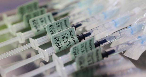 BioNTech and Pfizer said a three-shot course of their Covid-19 vaccine was able to neutralise the new Omicron variant. Photograph: Michaela Handrek-Rehle/Bloomberg