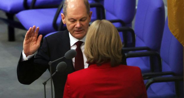  Olaf Scholz is sworn in as Germany’s chancellor by Bundestag president Baerbel Bas in Berlin on Wednesday. Photograph: Filip Singer/EPA