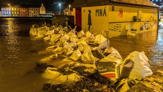 Sandbags piled up in the town of Bantry on Tuesday. Photograph: Andy Gibson/PA Wire