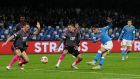  Eljif Elmas  scores  Napoli’s third goal during the Europa League game against Leicester City at  Stadio Diego Armando Maradona. Photograph: Francesco Pecoraro/Getty Images