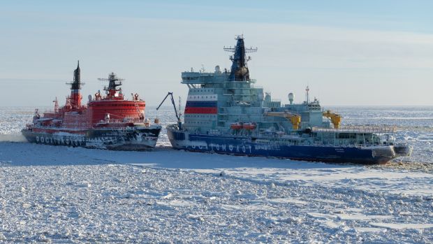 Russian nuclear-powered icebreakers at work along the Northern Sea Route in the Arctic Ocean. Photograph: Atomflot