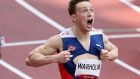 Karsten Warholm celebrates after his world record gold medal run in Tokyo. Photograph: Christian Petersen/Getty