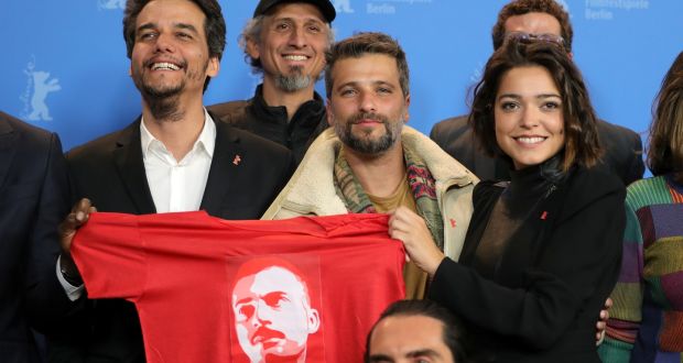  Director Wagner Moura, Bruno Gagliasso and Bella Camero pose with a shirt at the Marighella photocall during the 69th Berlinale International Film Festival in Berlin in 2019. Photograph: Andreas Rentz/Getty Images