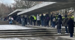 1 Over 500 people in the queue at UCD by 9am for Covid-19 booster vaccination in the over 50’s cohort, on the second day of walk in clinics at the University. Photograph: Alan Betson