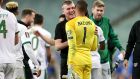 Ireland manager Stephen Kenny celebrates after with goalkeeper Gavin Bazunu after the win away to Azerbaijan in October. Photo: Laszlo Geczo/Inpho