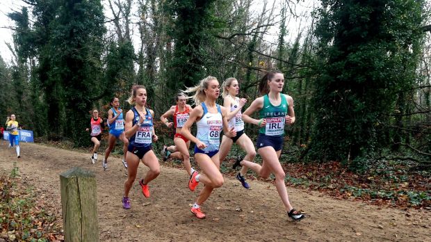 Ciara Mageean leads the pack in the European Cross-Country Championships at Sport Ireland Campus in Blanchardstown, Dublin last Sunday. Photograph: Bryan Keane/Inpho