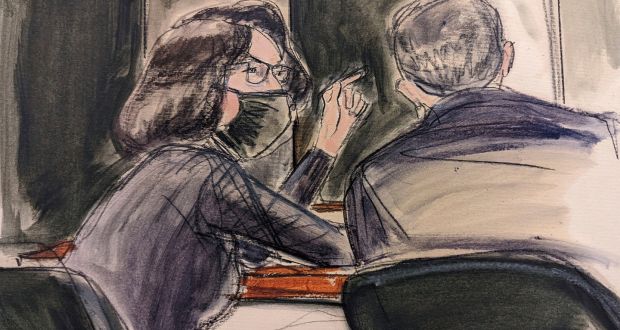 Ghislaine Maxwell speaks to her defence attorney Christian Everdell in a courtroom sketch from her New York trial. Photograph: Elizabeth Williams via AP
