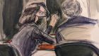 Ghislaine Maxwell speaks to her defence attorney Christian Everdell in a courtroom sketch from her New York trial. Photograph: Elizabeth Williams via AP