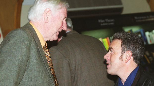 John Montague with Theo Dorgan from at a poetry reading by Dennis O’Driscoll and Thomas McCarthy in Waterstones Bookshop in 2011. Photograph: Alan Betson
