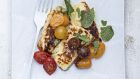 Haloumi with olives, tomatoes and cardamom