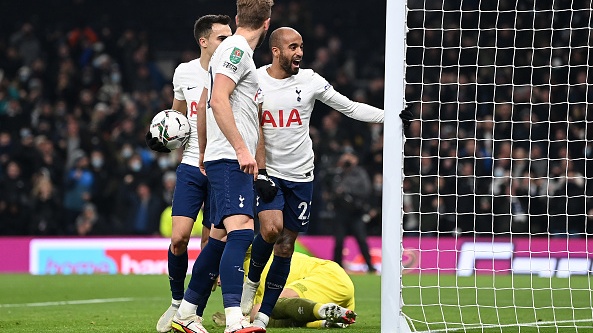 Lucas Moura of Tottenham Hotspur celebrates with teammates Harry Kane and Sergio Reguilon after scoring their side’s second goal. Photograph: Shaun Botterill/Getty Images