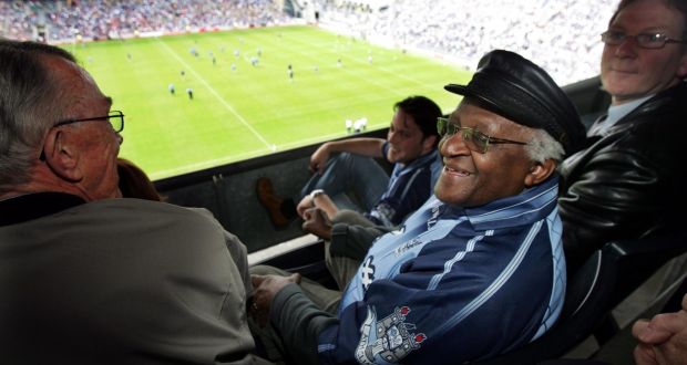 Boy in blue: Desmond Tutu at the Leinster Senior Football Championship match between Meath and Dublin at Croke Park in 2005. File photograph: The Irish Times