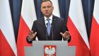  Polish president Andrzej Duda speaks during a press conference at the Presidential Palace in Warsaw on Monday. Photograph: EPA/Andrzej Lange