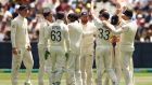 England players celebrate after James Anderson dismisses Marcus Harris of Australia during day two of the third Ashes  at the Melbourne Cricket Ground. Photograph: Robert Cianflone/Getty Images