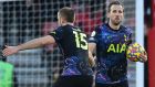 Tottenham’s Harry Kane celebrates with Eric Dier after scoring the equaliser from the penalty spot  at St Mary’s Stadium. Photograph: Getty Images