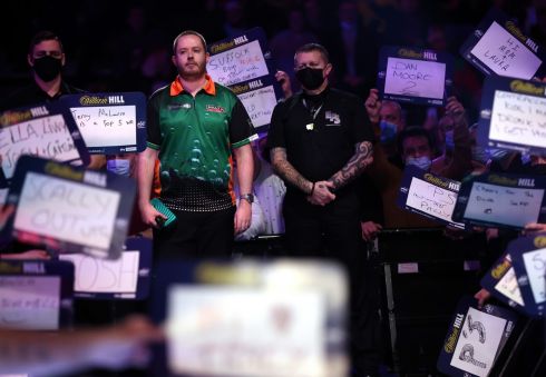 GAME ON: Steve Lennon of Ireland prepares for action during a third round match against Mervyn King of England on Day 11 of the William Hill World Darts Championship at Alexandra Palace, London. Photograph: Luke Walker/Getty
