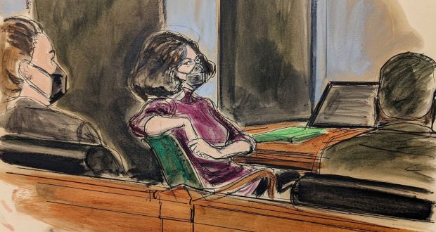 In this courtroom sketch, Ghislaine Maxwell (C) sits in the courtroom during a discussion about a note from the jury, during her sex-trafficking trial, on Wednesday, in New York. Photograph: AP Photo/Elizabeth Williams