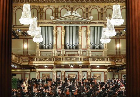 NEW YEAR'S CONCERT: Musicians of the Vienna Philharmonic Orchestra under the baton of conductor Daniel Barenboim during a preview performance of their traditional New Year's Concert in the Golden Hall of the Musikverein in Vienna, Austria. Photograph: Dieter Nagl/APA/AFP via Getty Images
