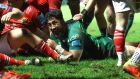 Bundee Aki scores Connacht’s try againast Munster. Photograph: Billy Stickland/Inpho