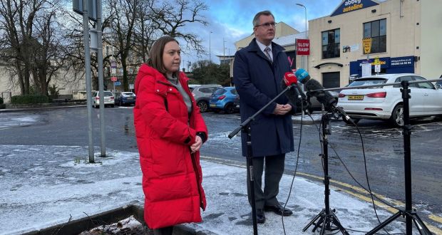 DUP leader Jeffrey Donaldson, with DUP MLA Deborah Erskine, speaks to the media in Enniskillen. Mr Donaldson is set to have a crunch meeting with Foreign Secretary Liz Truss next week over the Northern Ireland Protocol. Photograph: Jonathan McCambridge/PA Wire 