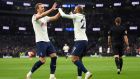  Lucas Moura of Tottenham Hotspur celebrates with teammate Harry Kane after scoring their side’s second goal. Photograph:  Alex Davidson/Getty Images