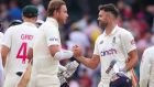 England’s Stuart Broad  and James Anderson shake hands at the end of the fourth Ashes cricket Test  against Australia  at the Sydney Cricket Ground. Photograph: David Gray/AFP via Getty Images