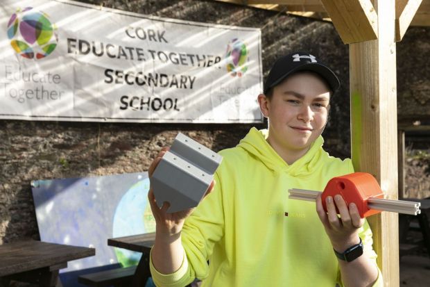 Student Harry O’Connor, from Cork Educate Together, showcases his project, ‘the design and development of a bipedal robot for home care’. Photograph: Fennell Photography